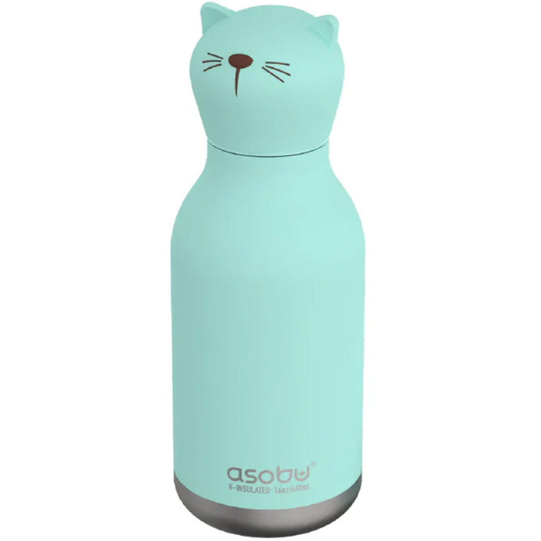 Asobu rvs drinkfles met een lichtgroene kattenkop als dop.