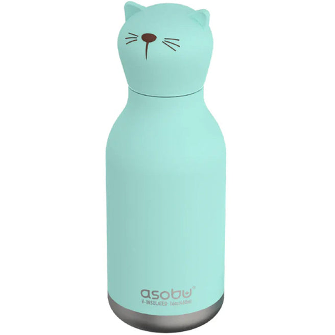 Asobu rvs drinkfles met een lichtgroene kattenkop als dop.