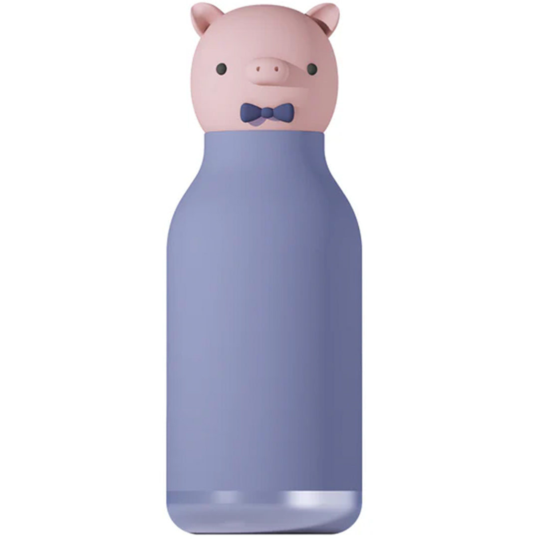 Asobu drinkfles met roze varkenskop en paarse fles.