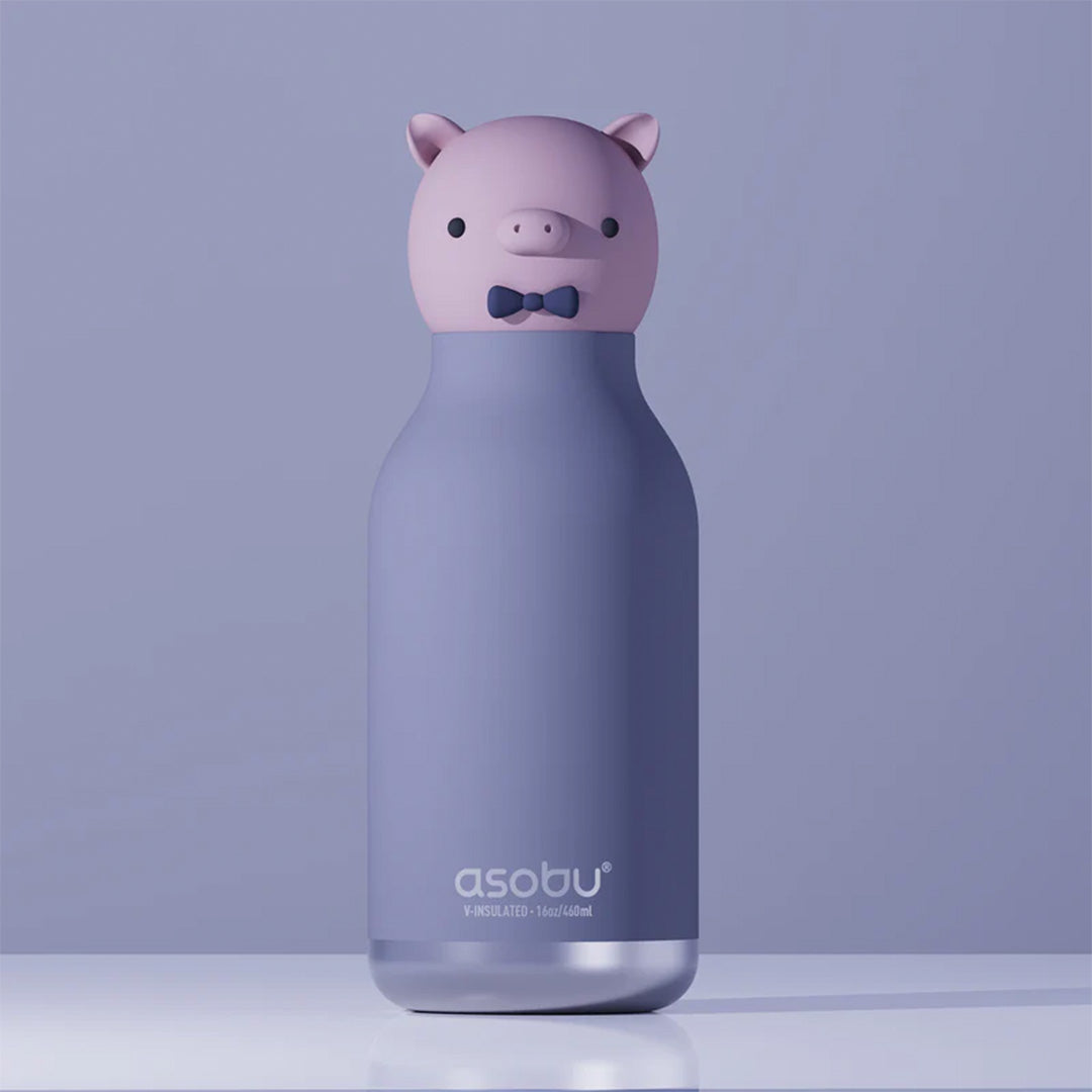 Asobu drinkfles met roze varkenskop en het Asobu logo op de paarse fles.