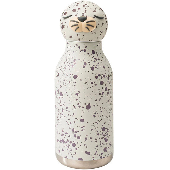 asobu rvs drinkfles met zeehondenkop en beige stippenpatroon.