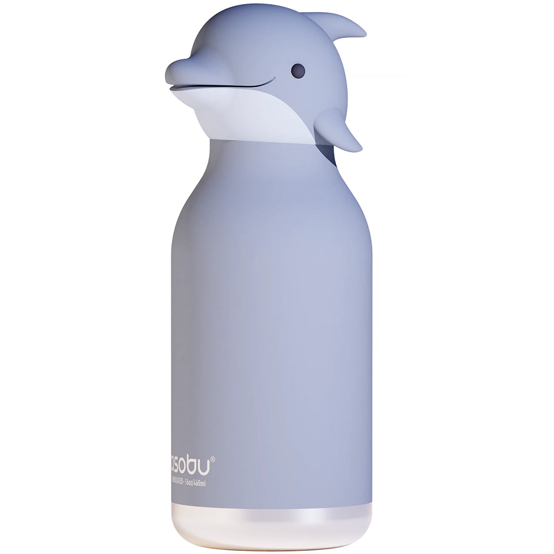 Asobu rvs drinkfles met dolfijnkop, staand op een witte achtergrond.