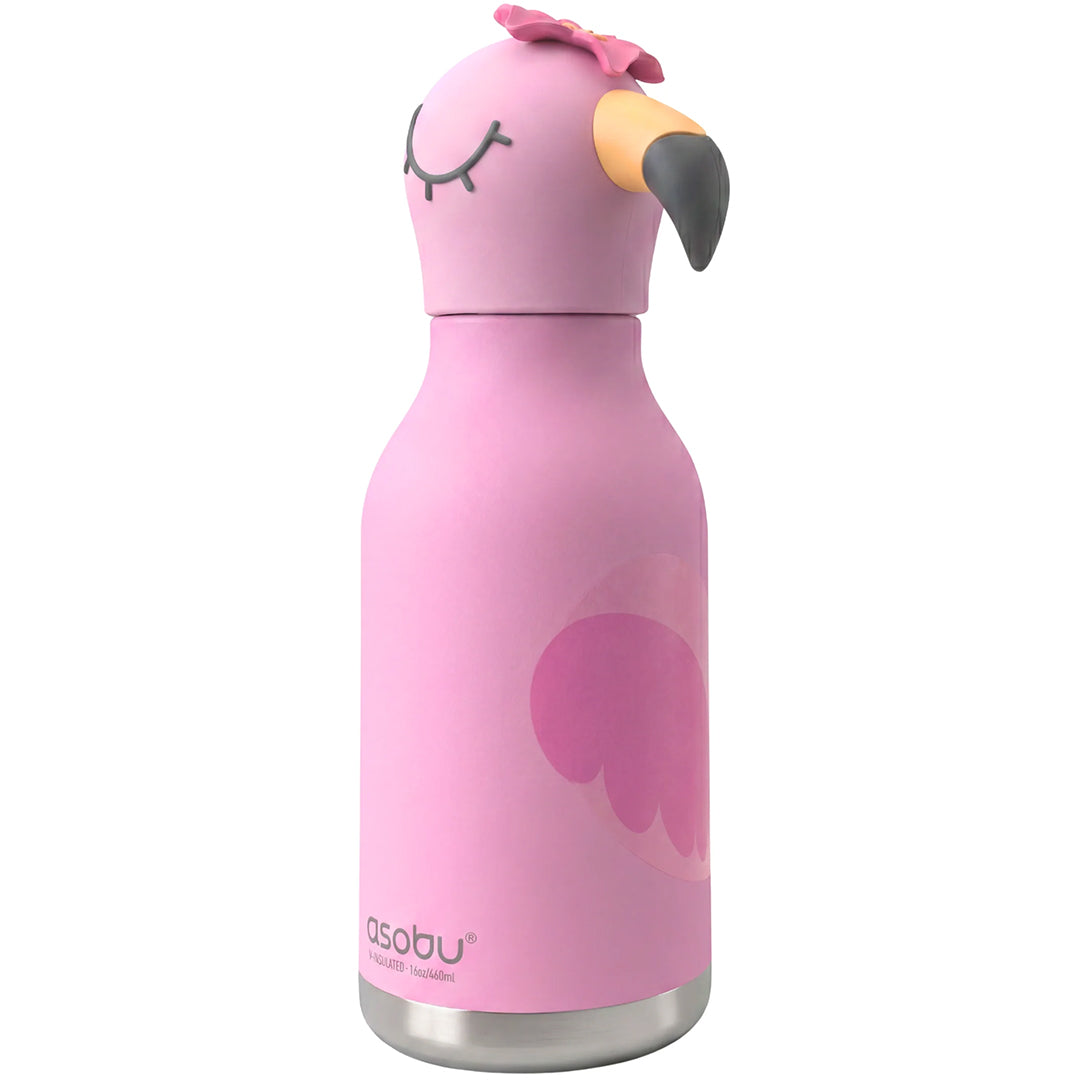 Asobu roze roestvrijstalen drinkfles in de vorm van een flamingo met een bloem op het hoofd.