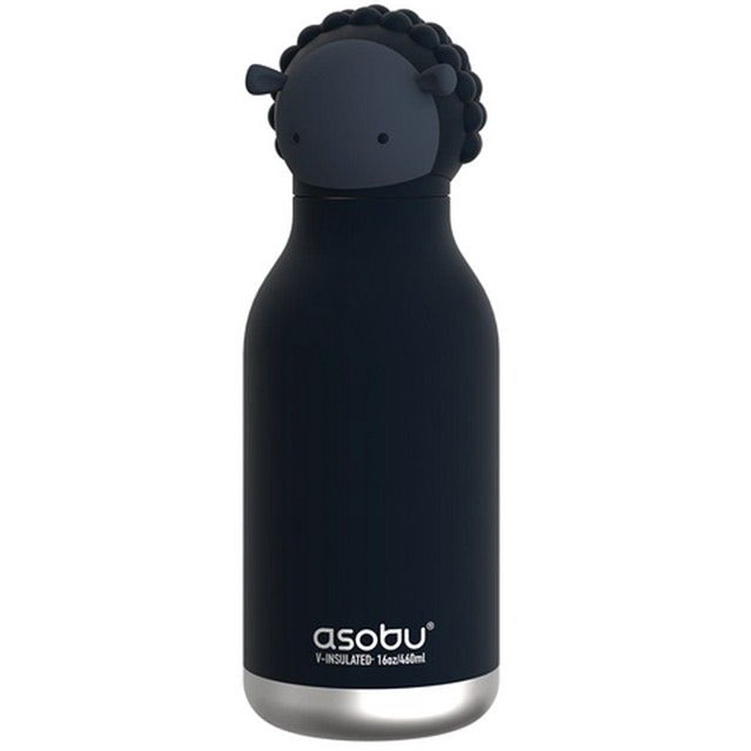 Asobu zwarte rvs drinkfles met een siliconen dop in de vorm van een zwart schaap.