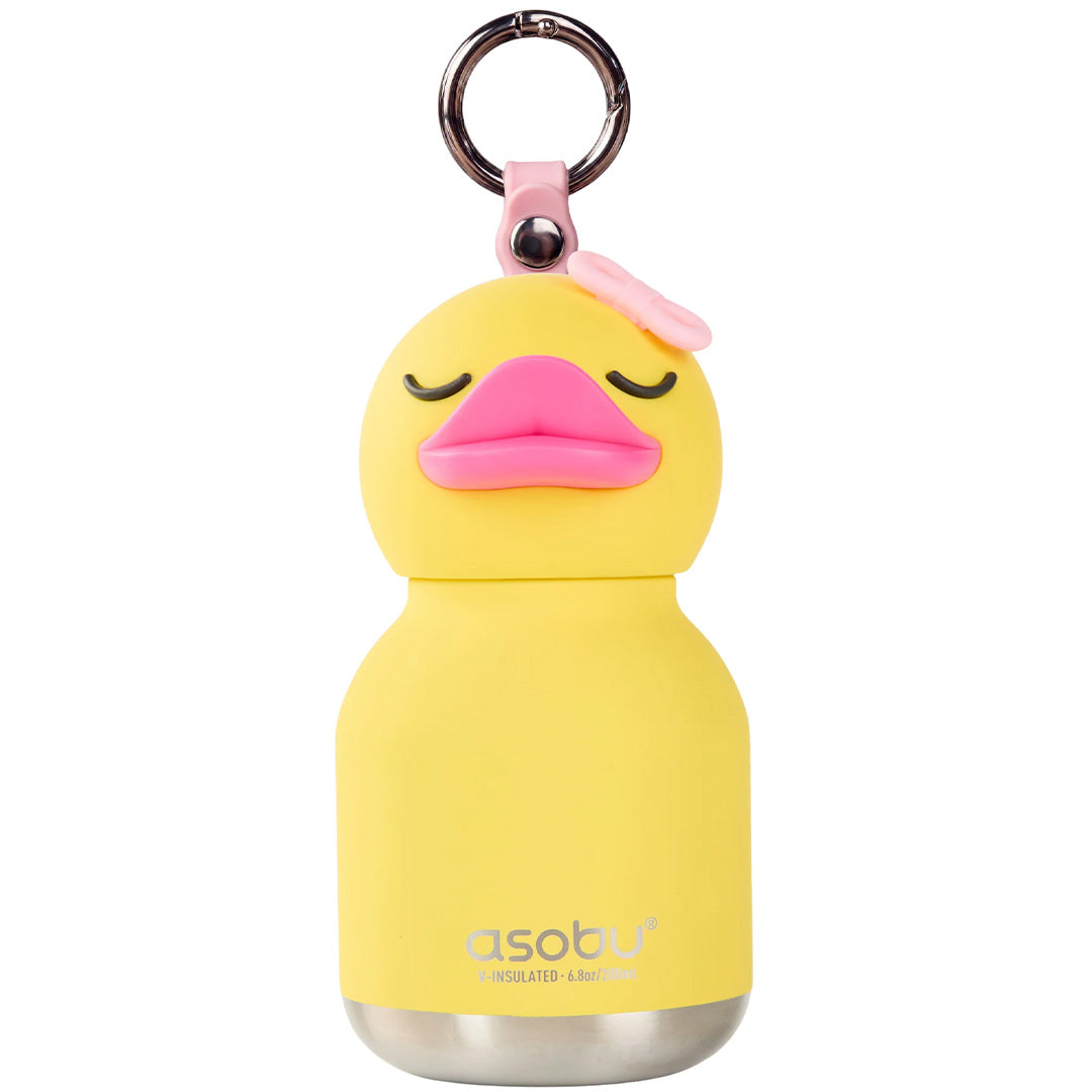 Asobu gele eend drinkfles met roze snavel en strik, met sleutelhanger.