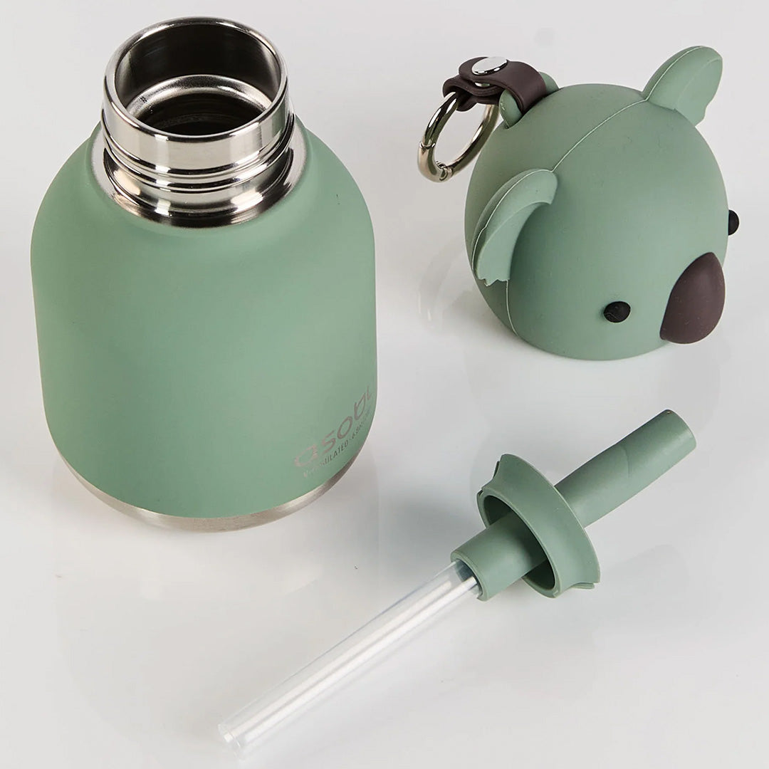 Gedemonteerde koala drinkfles met de fles, de koala-dop en het rietje ernaast.