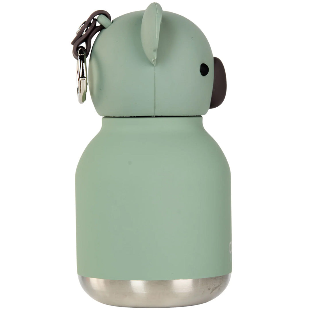 Achterkant van de lichtgroene koala drinkfles van roestvrij staal en siliconen.