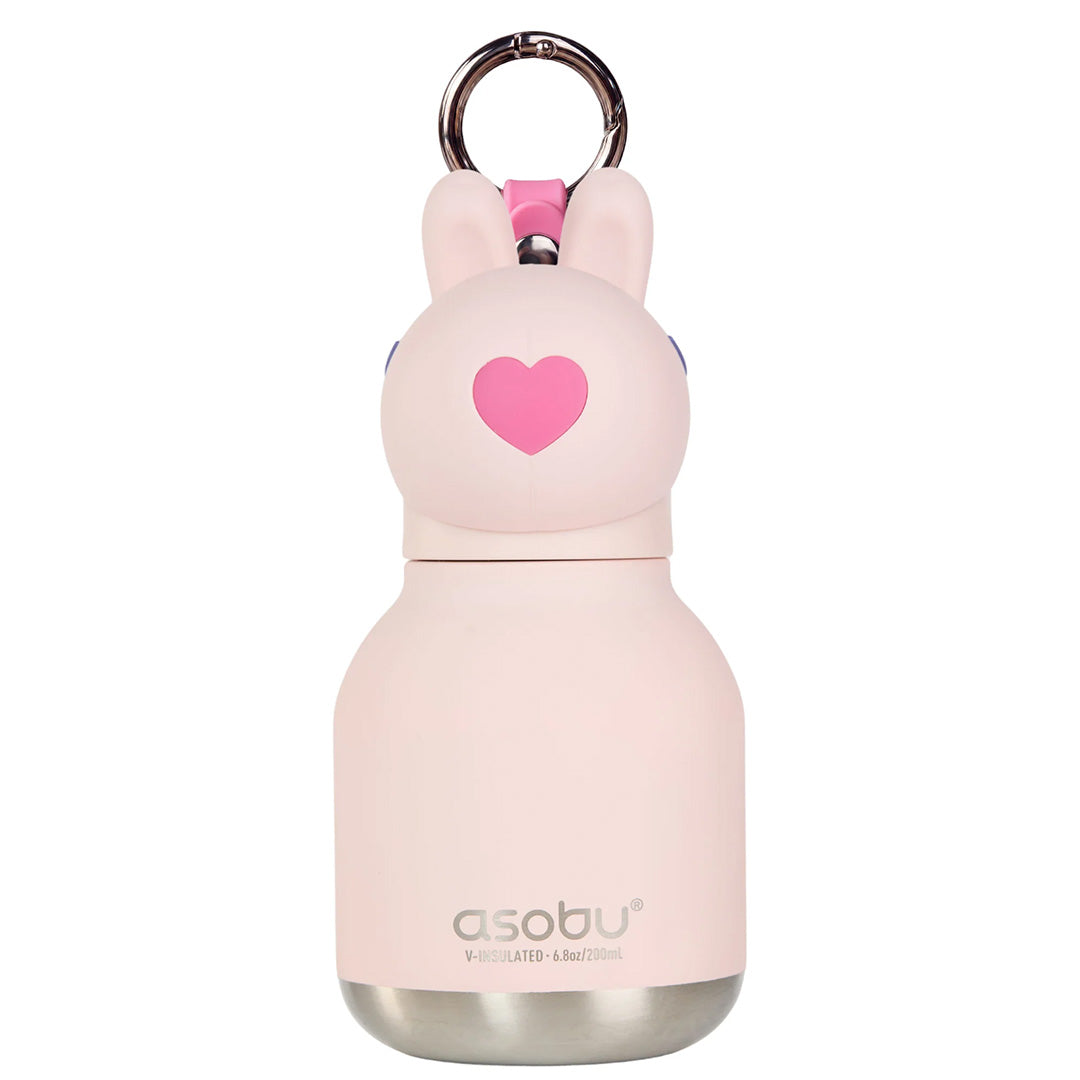 Roze asobu rvs drinkfles met konijnenkop en hartje op de achterkant.