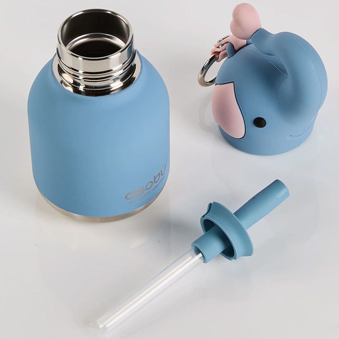 asobu blauwe olifant drinkfles gedemonteerd met de dop, de fles en een rietje.