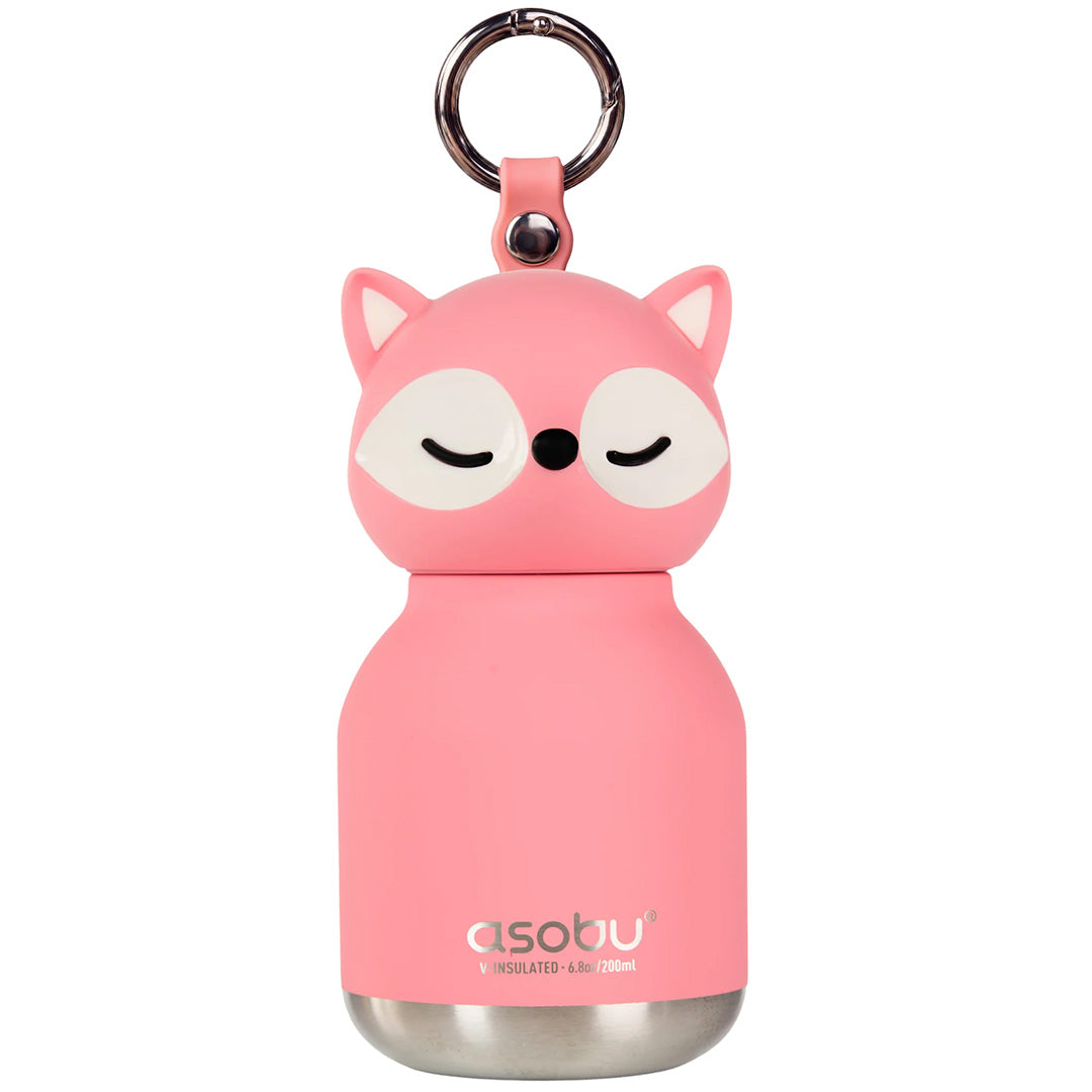 Asobu roze rvs drinkfles in de vorm van een vos met een sleutelhanger.