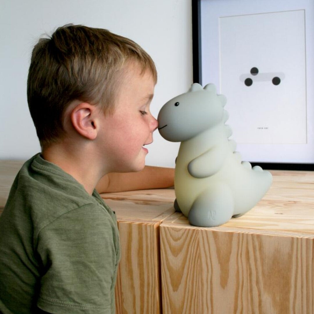 Een jongen raakt met zijn neus het atelier pierre dinosaurus LED nachtlampje aan op een houten kast.