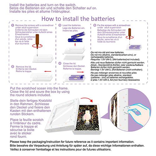 Infographic met instructies voor het plaatsen van batterijen in de lichtdoos.
