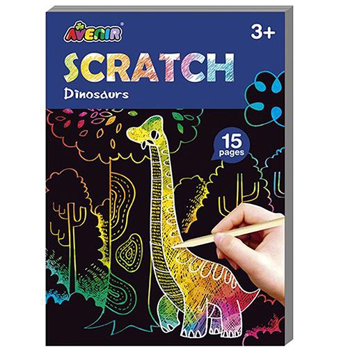 Avenir krasplaatjes dinosaurussen verpakking met een hand die een kleurrijke dinosaurus krast.