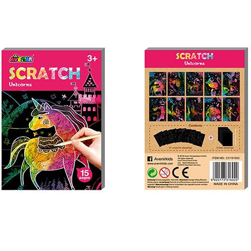 Avenir krasplaatjes eenhoorns hobbyset, voor- en achterkant van de verpakking met voorbeelden van krastekeningen en productinformatie.