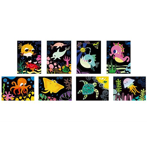 Een collectie van acht Avenir krasplaatjes met kleurrijke zeedieren zoals een dolfijn, octopus en schildpad.