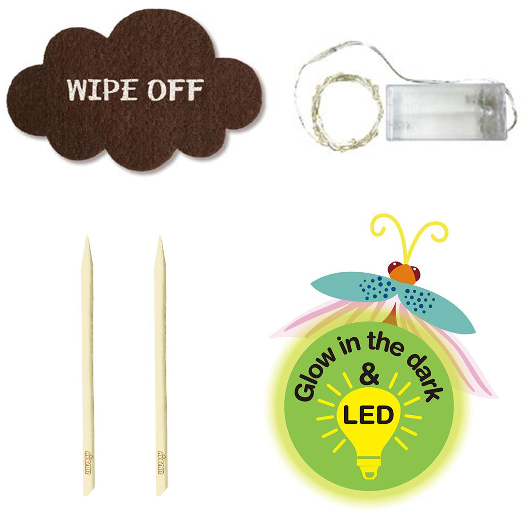 Een collectie van Avenir scratch art benodigdheden, waaronder een poetsdoek, LED-strip, twee kraspennen en een 'Glow in the dark & LED' icoon.