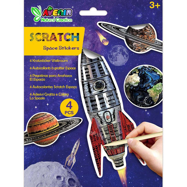 Avenir krasstickers ruimte verpakking met een raket, planeten en een hand die krast.