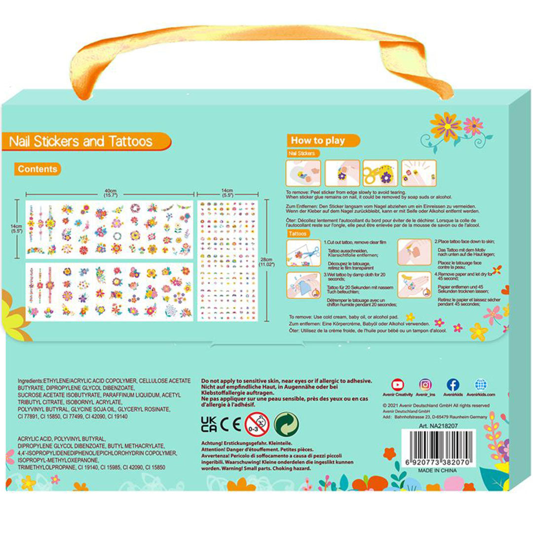 De achterkant van de Avenir verpakking voor nagelstickers en tattoos met bloementhema, inclusief instructies en ingrediënten.