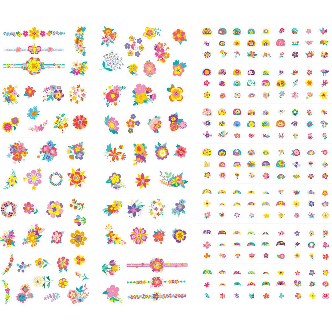 Een overzicht van de vele vellen Avenir nagelstickers en tattoos met bloemenpatronen.