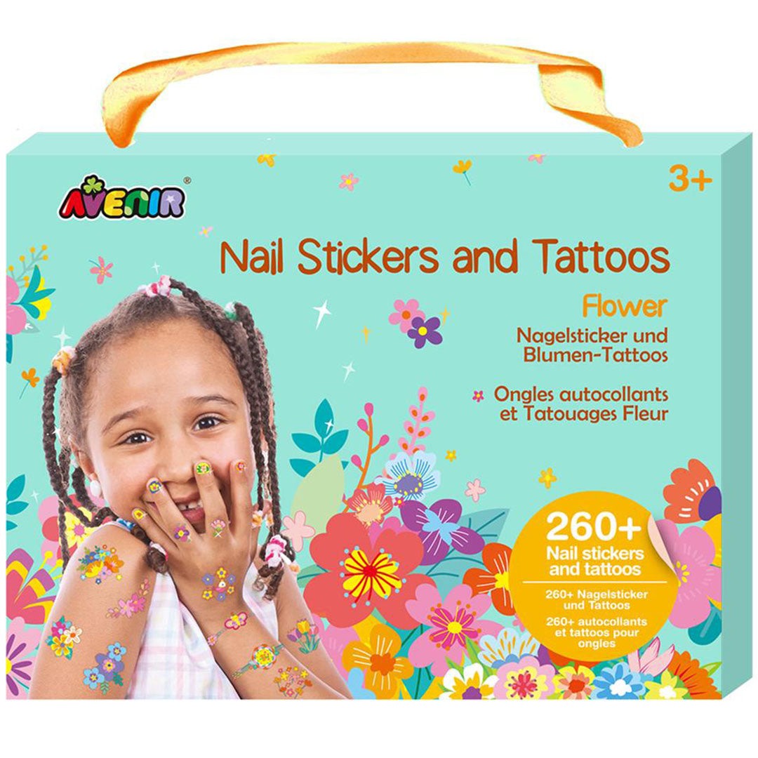 De voorkant van de Avenir verpakking voor nagelstickers en tattoos met bloementhema, met een lachend meisje.