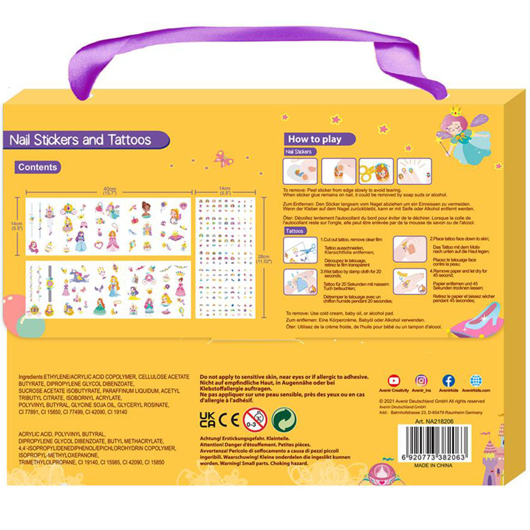 De achterkant van de Avenir nagelstickers en tattoos prinses verpakking met instructies en productinformatie.