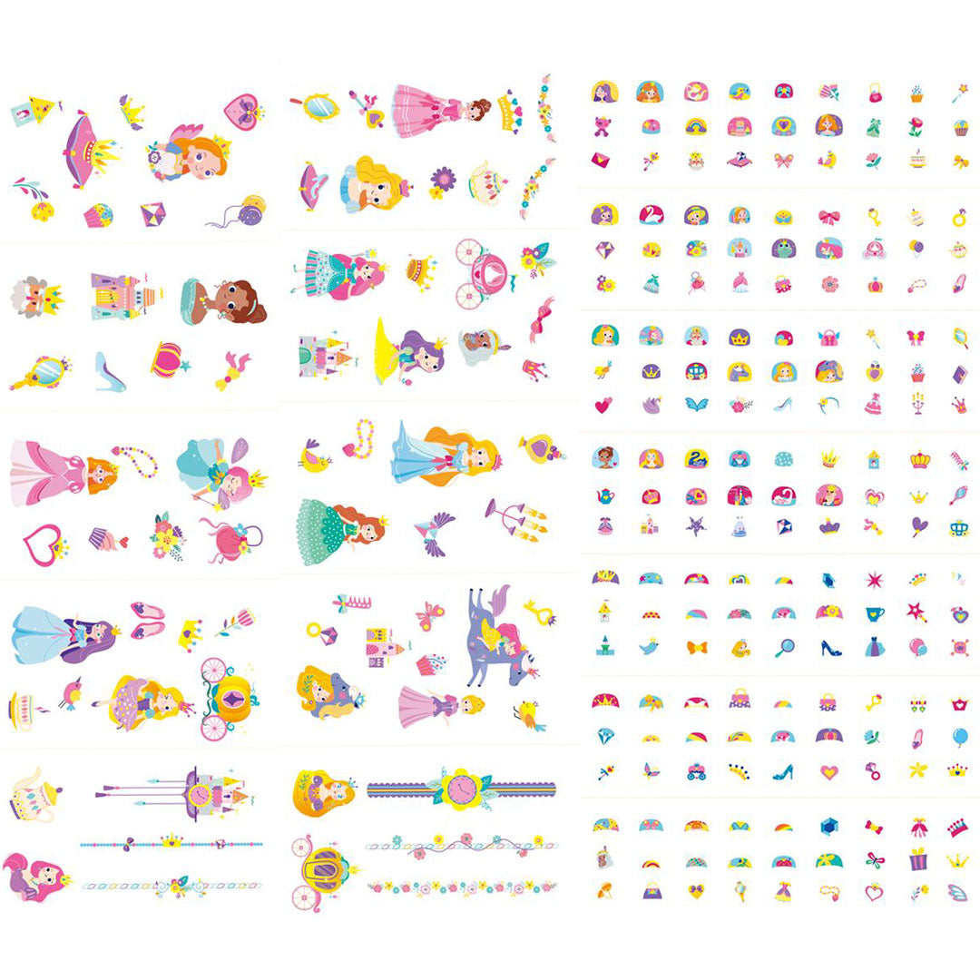 Een overzicht van de vele Avenir prinses nagelstickers en tattoos met figuren en accessoires.