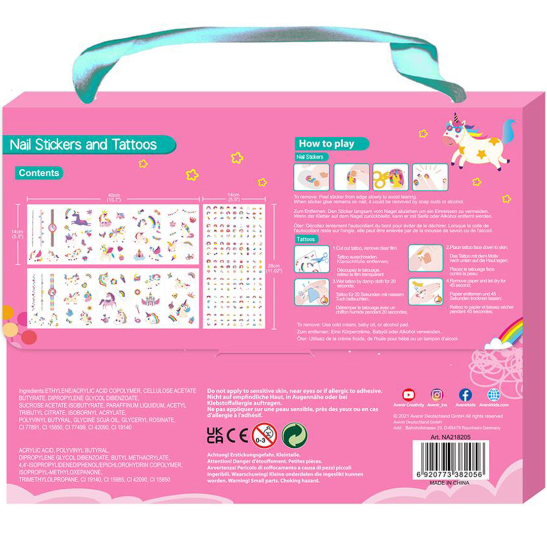 Achterkant van de Avenir nagelstickers en tattoos eenhoorn set verpakking met instructies en inhoud.