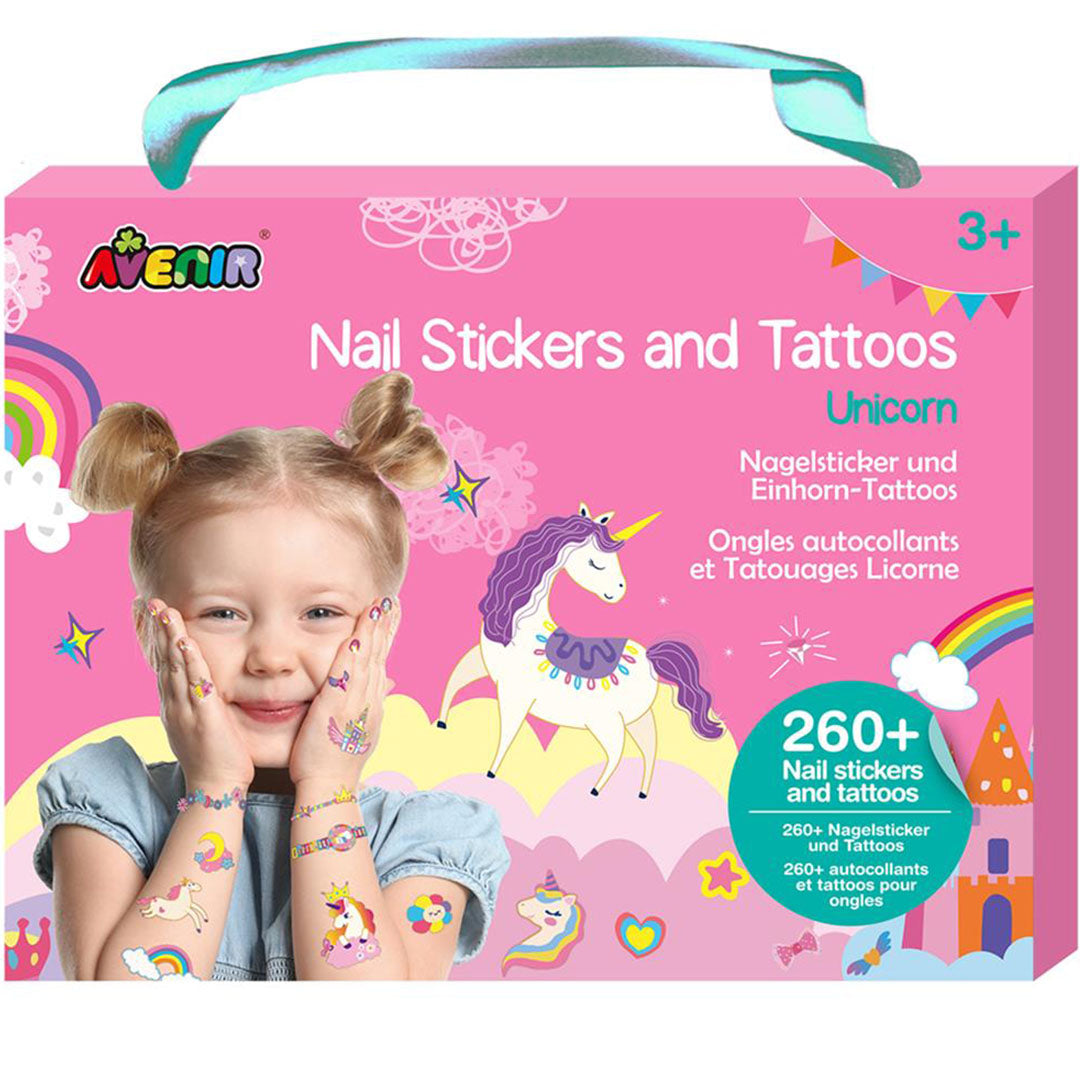 Avenir nagelstickers en tattoos eenhoorn set verpakking met een lachend meisje en een eenhoorn.