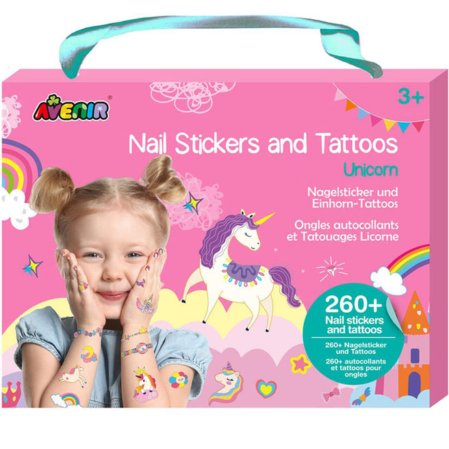 Avenir nagelstickers en tattoos eenhoorn set verpakking met een lachend meisje en een eenhoorn.