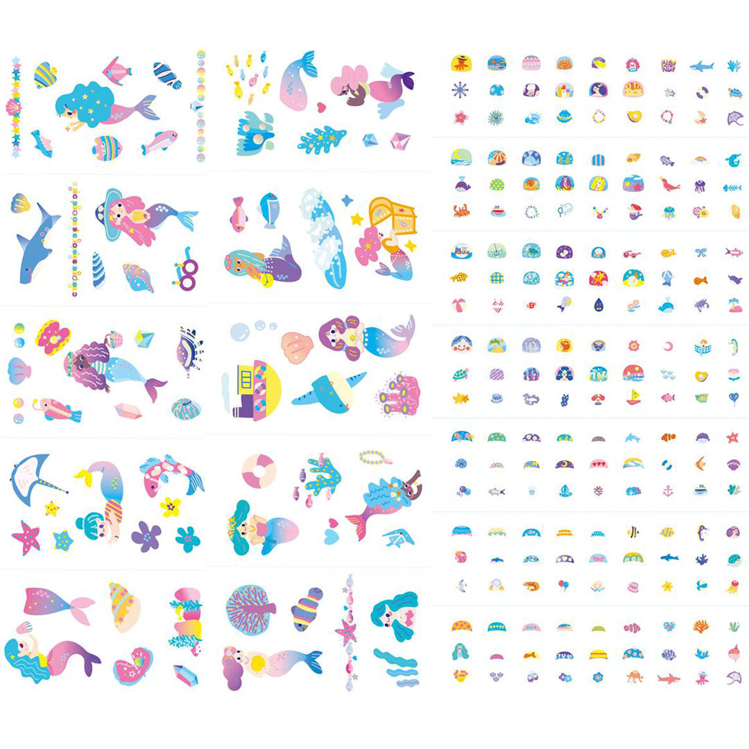 Detail van de vellen met diverse zeemeermin-nagelstickers en tijdelijke tattoos.
