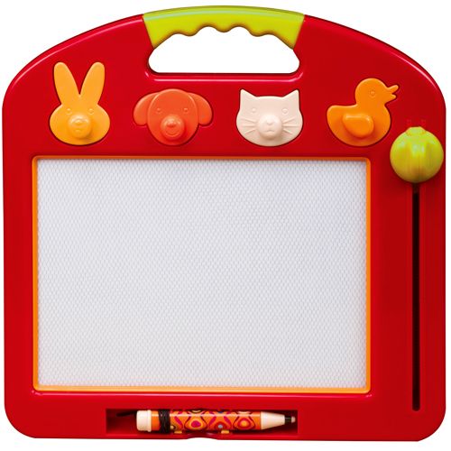Rood b toys tover tekenbord met dierenstempels en een pen.