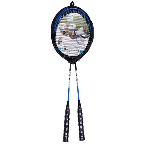 Angeltoys set met twee blauwe badmintonrackets in een zwarte draagtas.