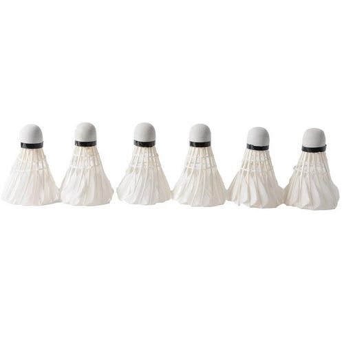 Zes witte Angeltoys badmintonshuttles met zwarte band.
