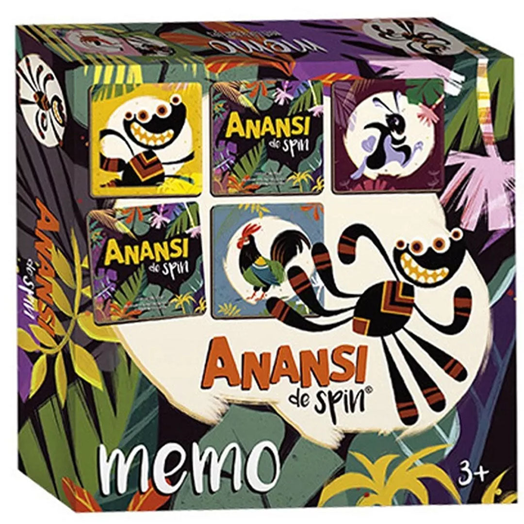 Schuine weergave van de verpakking van het bambolino toys Anansi de Spin memory spel met jungle-thema.