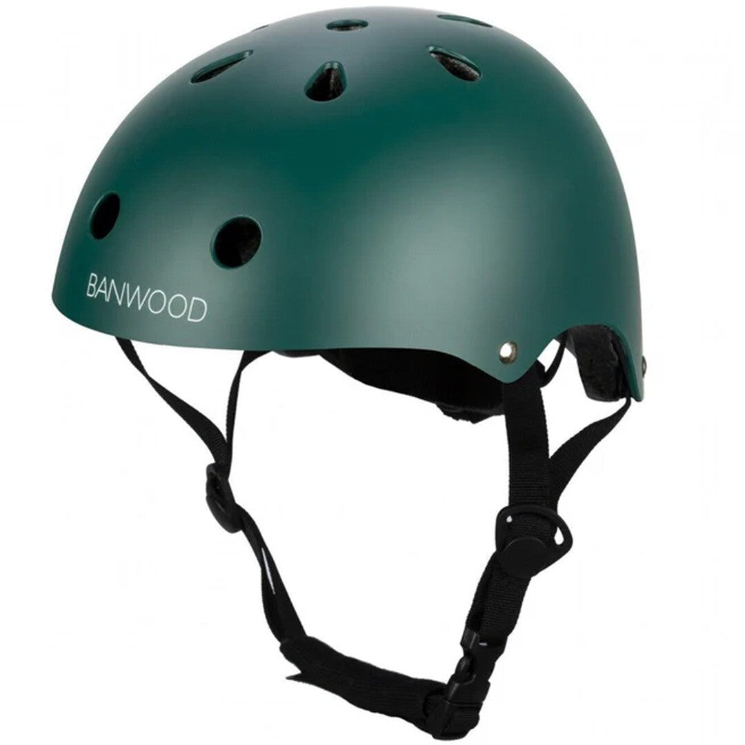 Banwood kinderhelm in matgroen, schuin van voren gefotografeerd.