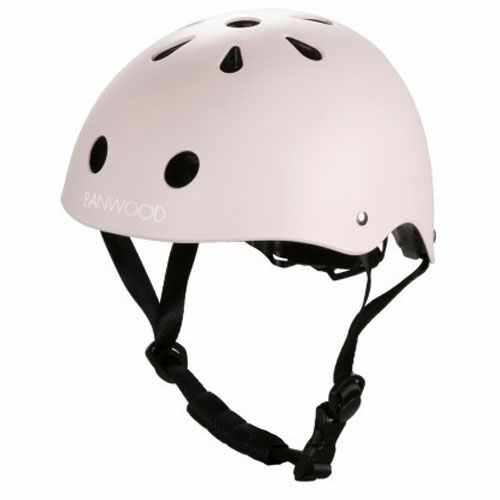 Roze Banwood kinderhelm met ventilatiegaten en kinband.