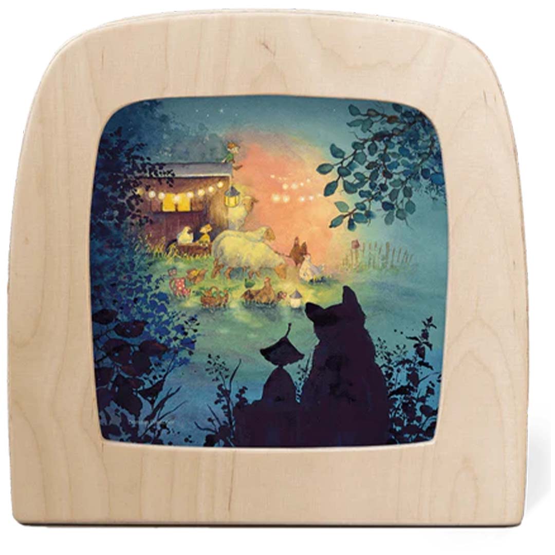Toverlux toverplaat met houten frame en een illustratie van een schuurfeest met dieren.
