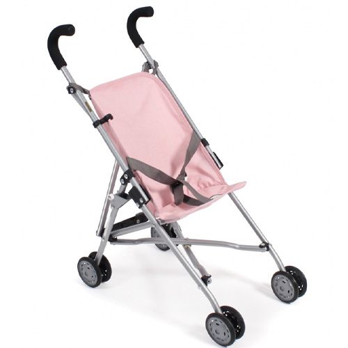 Bayer Chic poppenbuggy Roma met roze stoffen zitting en zilverkleurig metalen frame, schuin van voren gefotografeerd.