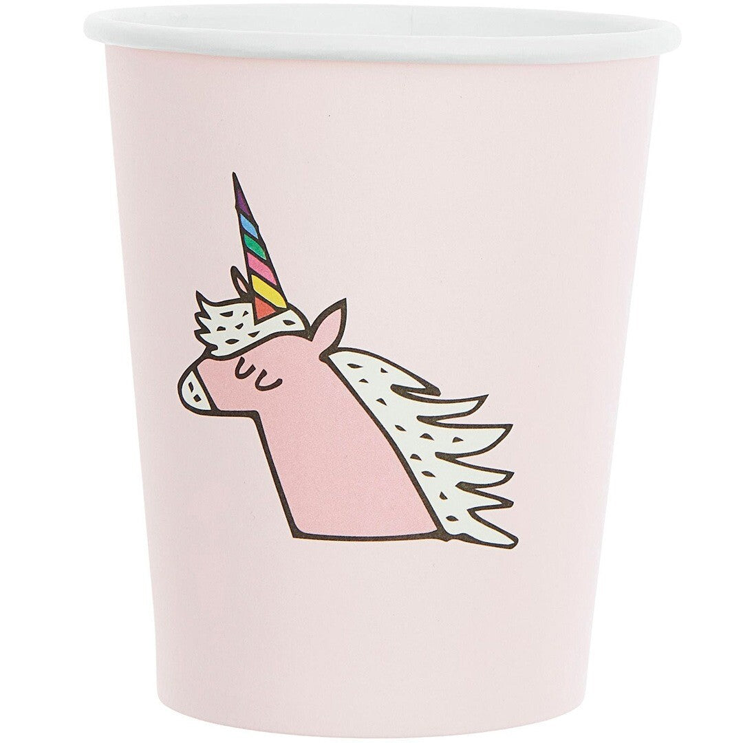 Rico Design roze papieren feestbeker met eenhoornafbeelding.