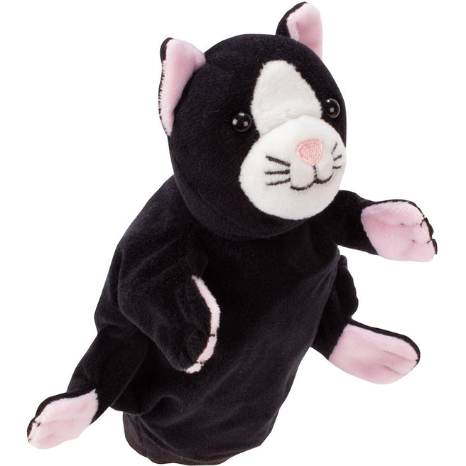 Beleduc handpop van een zwarte kat met witte snuit en roze oren en poten.