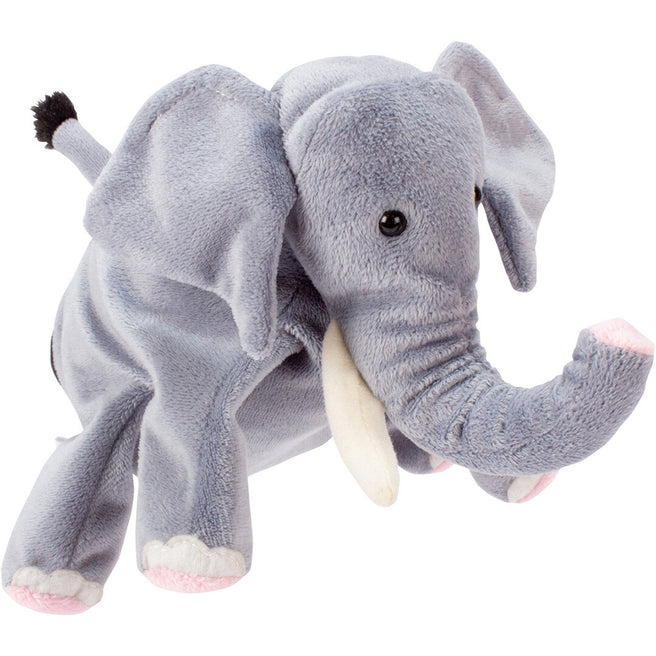Beleduc handpop in de vorm van een grijze olifant met slagtanden.