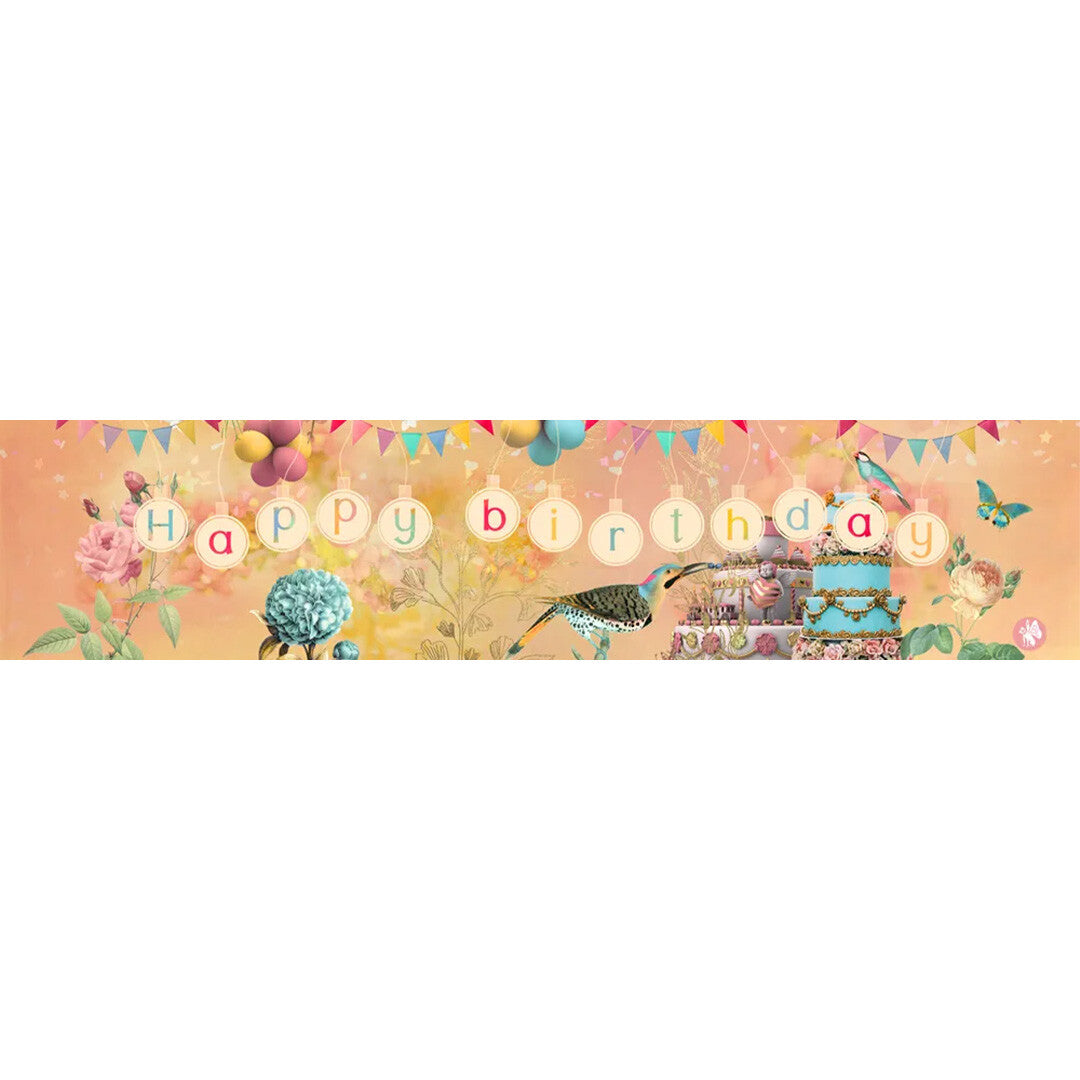 Volledig ontwerp van het Belle Lurette muziekdoosje met 'Happy birthday' tekst, vogels, vlinder, bloemen en verjaardagstaarten.