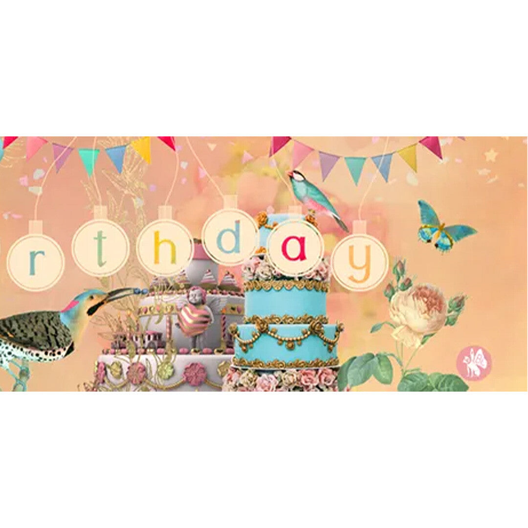 Detail van het Belle Lurette muziekdoosje met 'rthday' tekst, vogels, vlinder, bloemen en verjaardagstaarten.