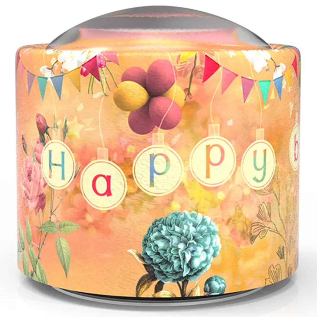 Belle Lurette muziekdoosje met 'Happy' tekst, ballonnen, bloemen en vlaggetjes op een oranje achtergrond.