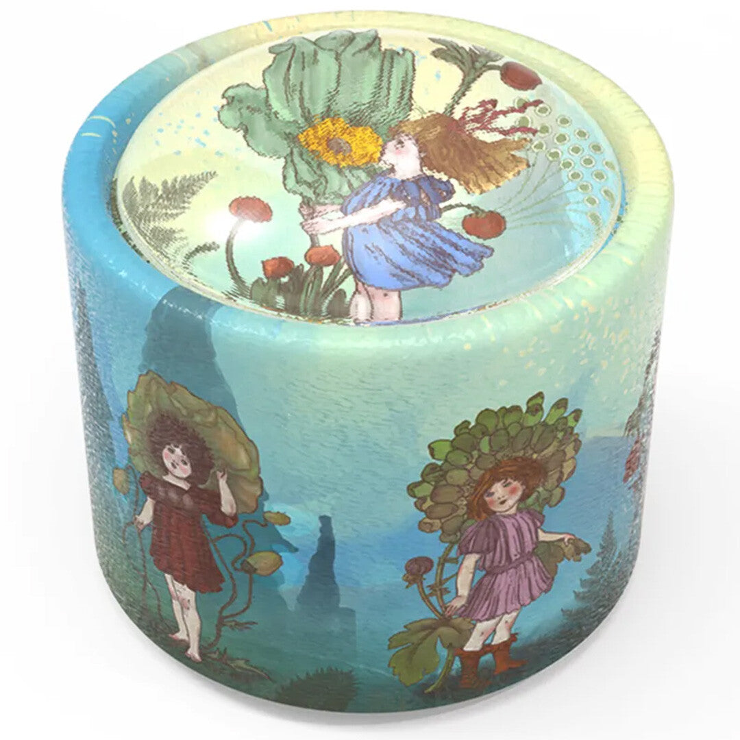 Belle Lurette muziekdoosje met illustraties van kinderen en bloemen op de zijkant en bovenkant.