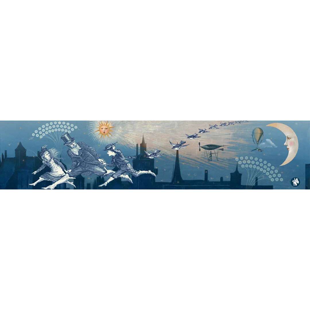 Een lange illustratie van rennende mensen, een zon, vogels, vliegende voertuigen en een maan tegen een blauwe sterrenhemel.