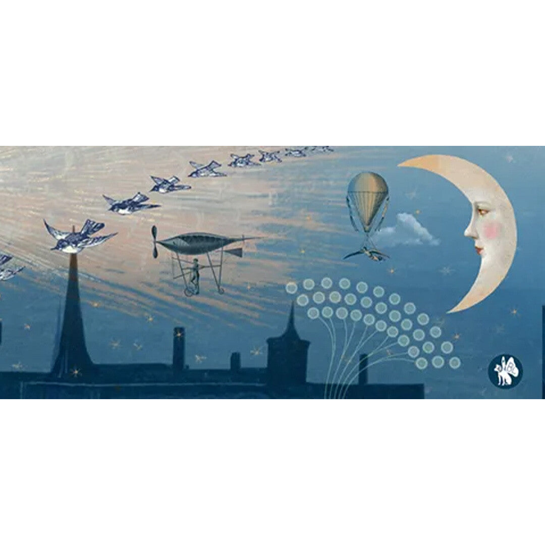 Detail van de illustratie met vogels, een vliegend voertuig, een heteluchtballon en een maan met gezicht.