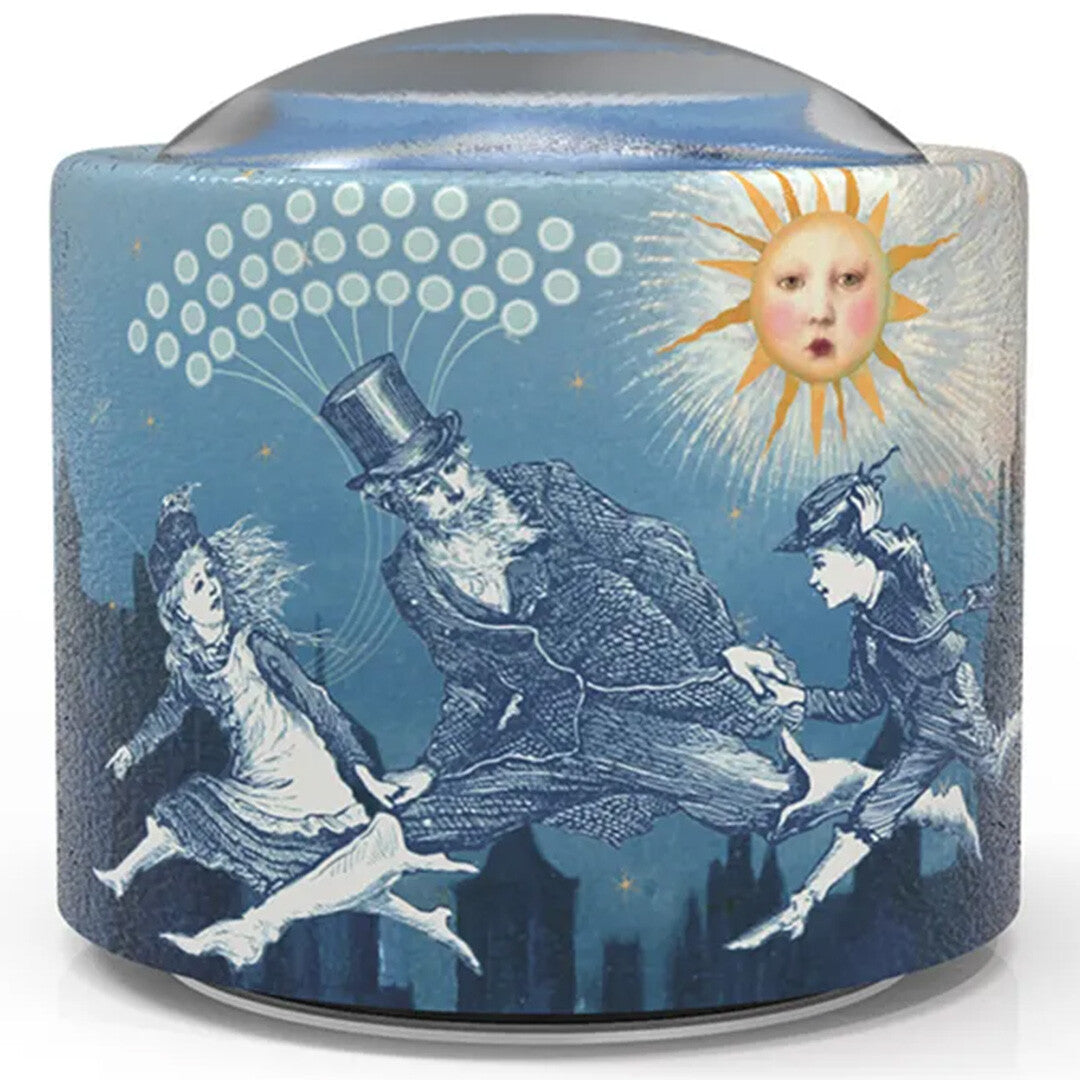 Belle Lurette muziekdoosje met een illustratie van drie rennende mensen en een zon.