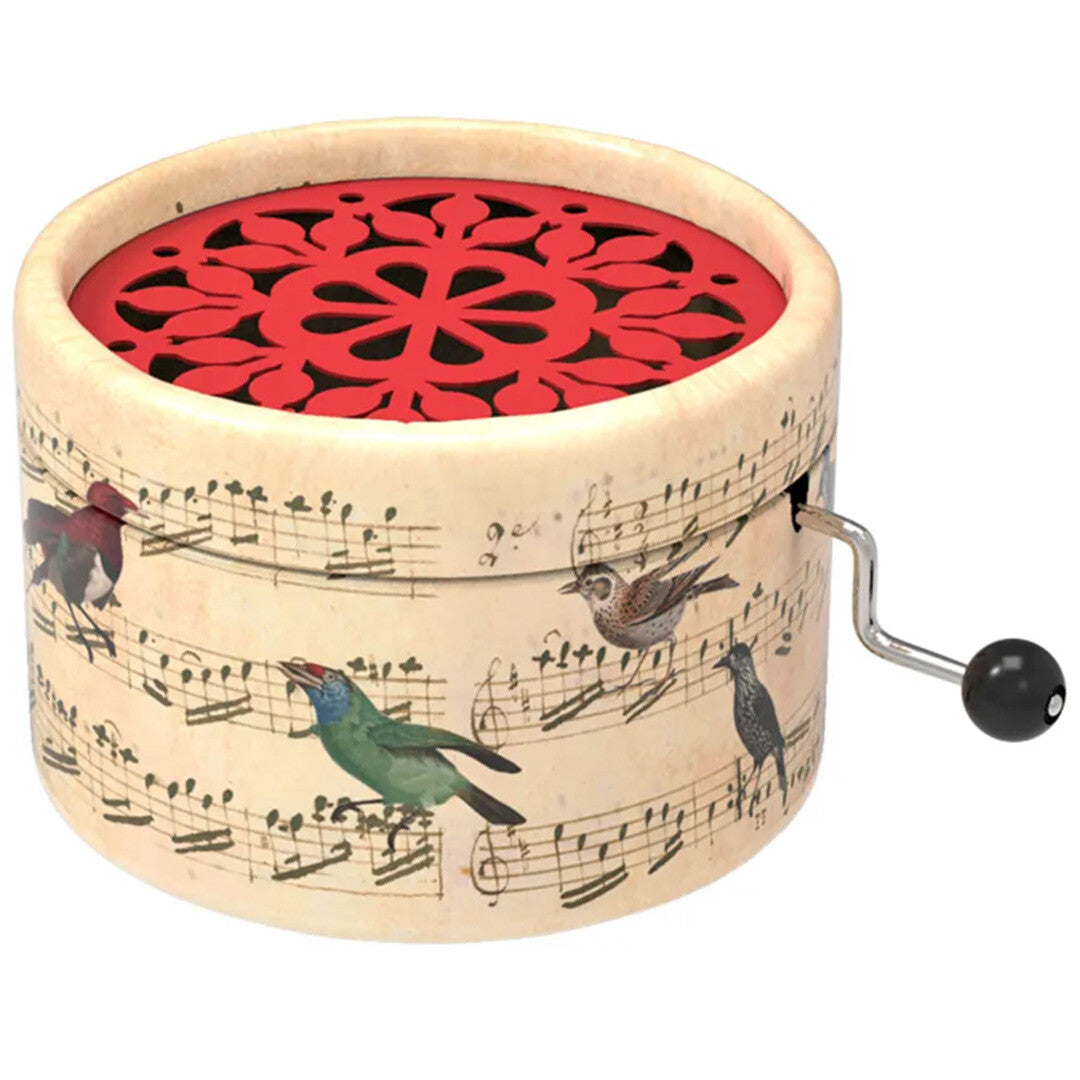 Belle Lurette muziekdoosje Rondo met vogels en muzieknoten, met een rode bovenkant en een metalen zwengel.