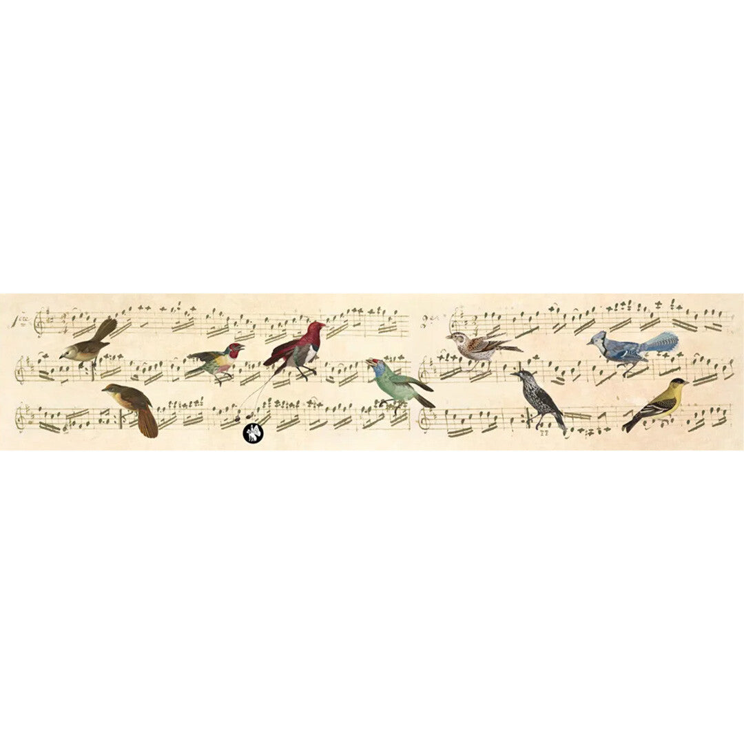 Detail van het Belle Lurette muziekdoosje met een strook vol muzieknoten en verschillende vogels.